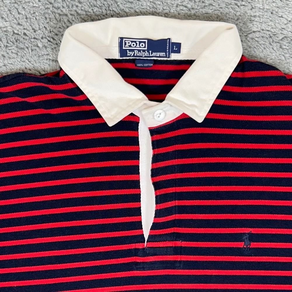 Polo Ralph Lauren Mens Large Navy Red Striped Short Sleeve Rugby Shirt